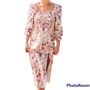 NWT House of Harlow 1960 Smocked Palm Linen Midi Dress Bishop Sleeve sz M